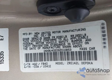 2009 Toyota Corolla Le from USA, damaged, VIN 1NXBU40E09Z010853